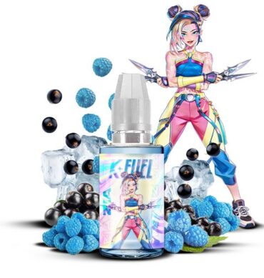 Concentré Zia 30 ml K-Fuel pour DIY avec illustration de baies bleues, fruits noirs et glaçons